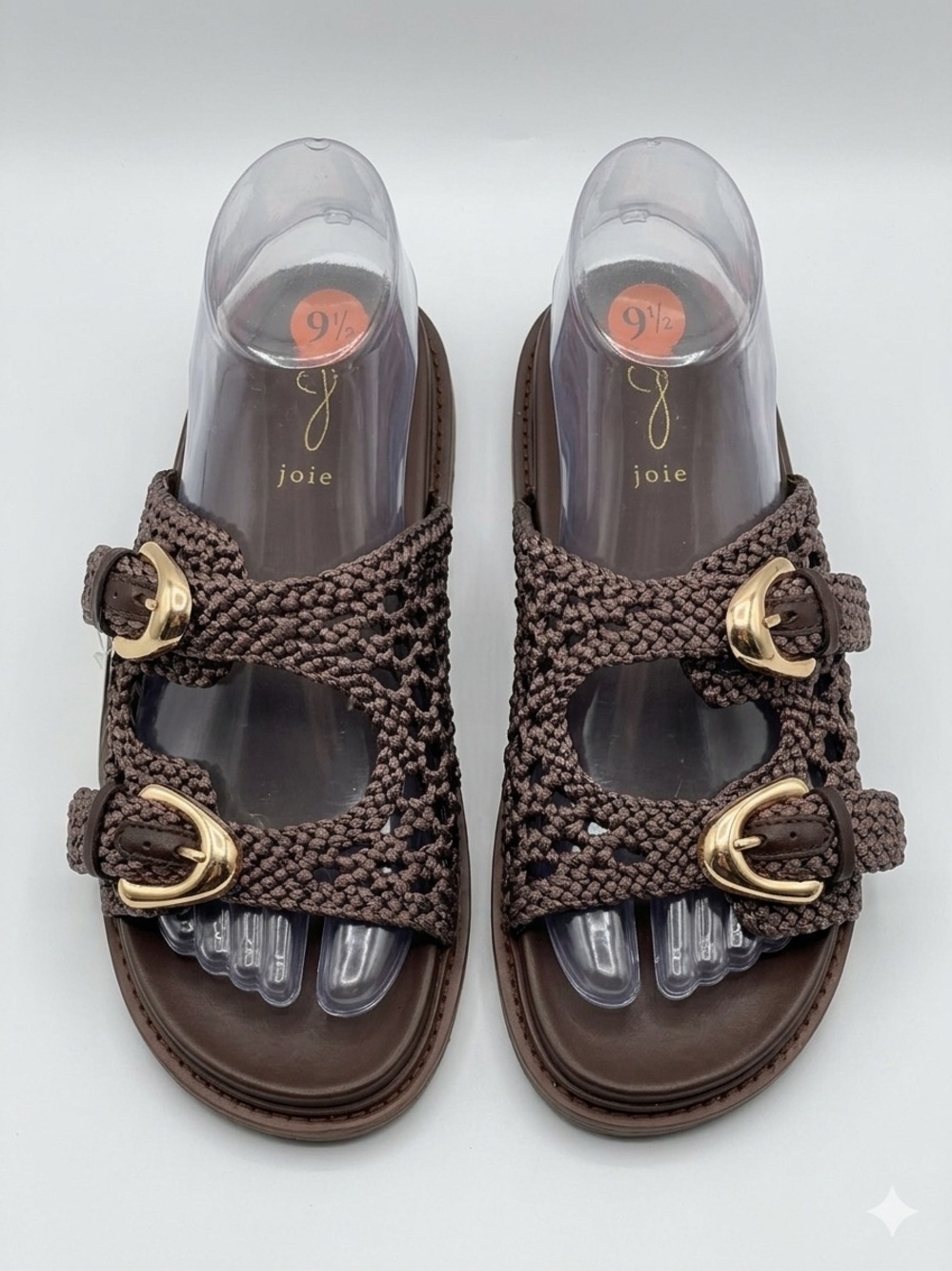 Joie Waffle Brown Woven Slide Sandals Gold Buckles Women’s Size 9.5M NWOT